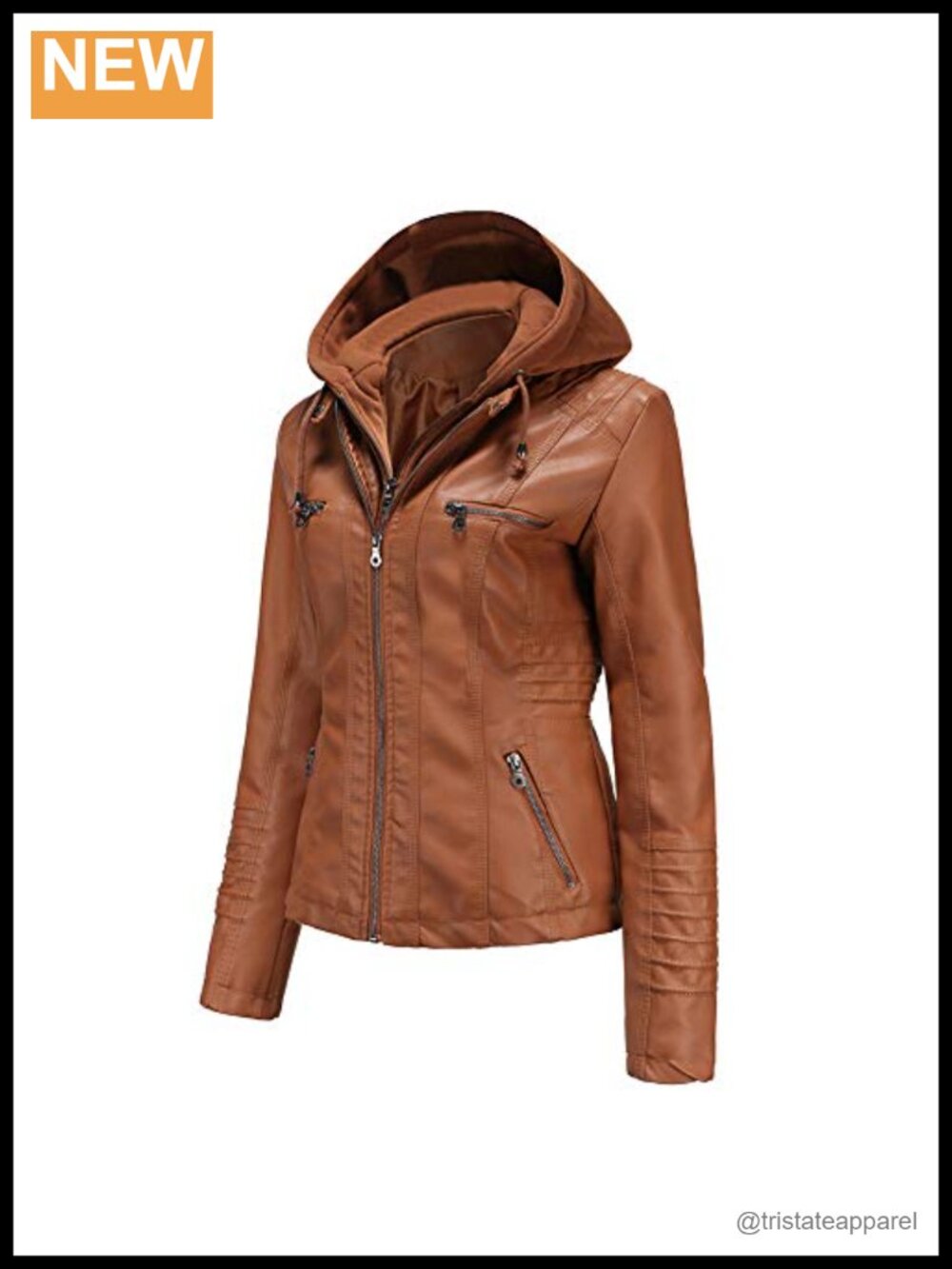 Faux Leather Moto Jacket with Removable Hood, Windproof, Zippered Pockets